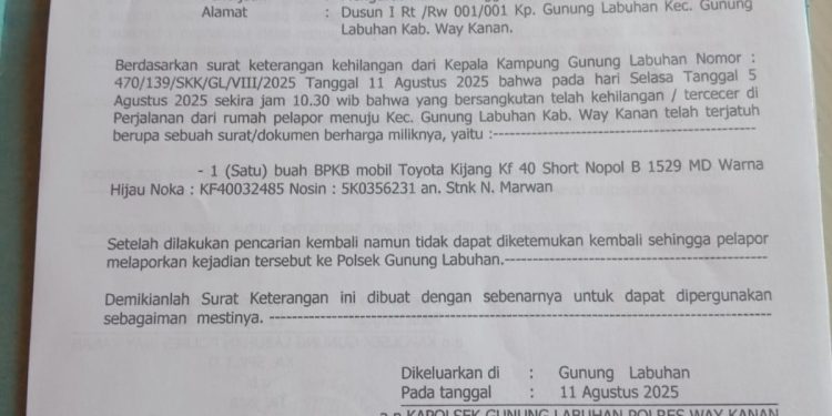 Telah Kehilangan BPKB Mobil Toyota Kijang Kf 40 Short Nopol B 1529 MD Warna Hijau, A.N stnk Marwan di Sekitaran Kec Gunung Labuhan Way Kanan
